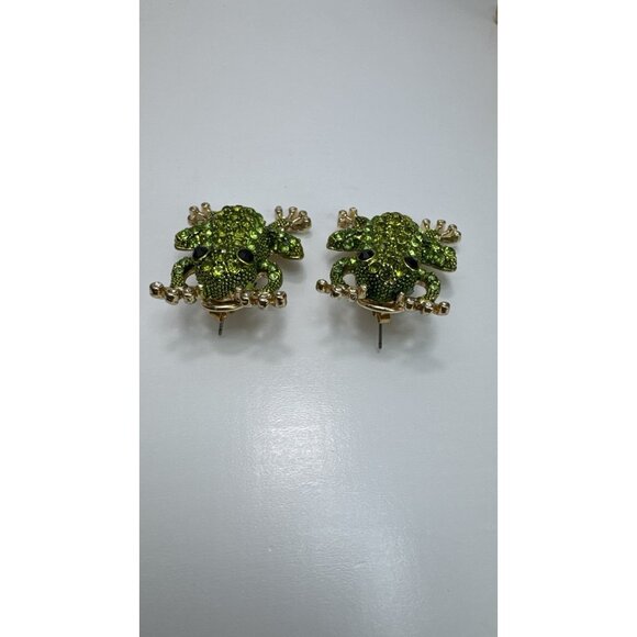 ZARA Green Frog Rhinestone Earrings Gold Tone Animal Statement Jewelry - Picture 5 of 7